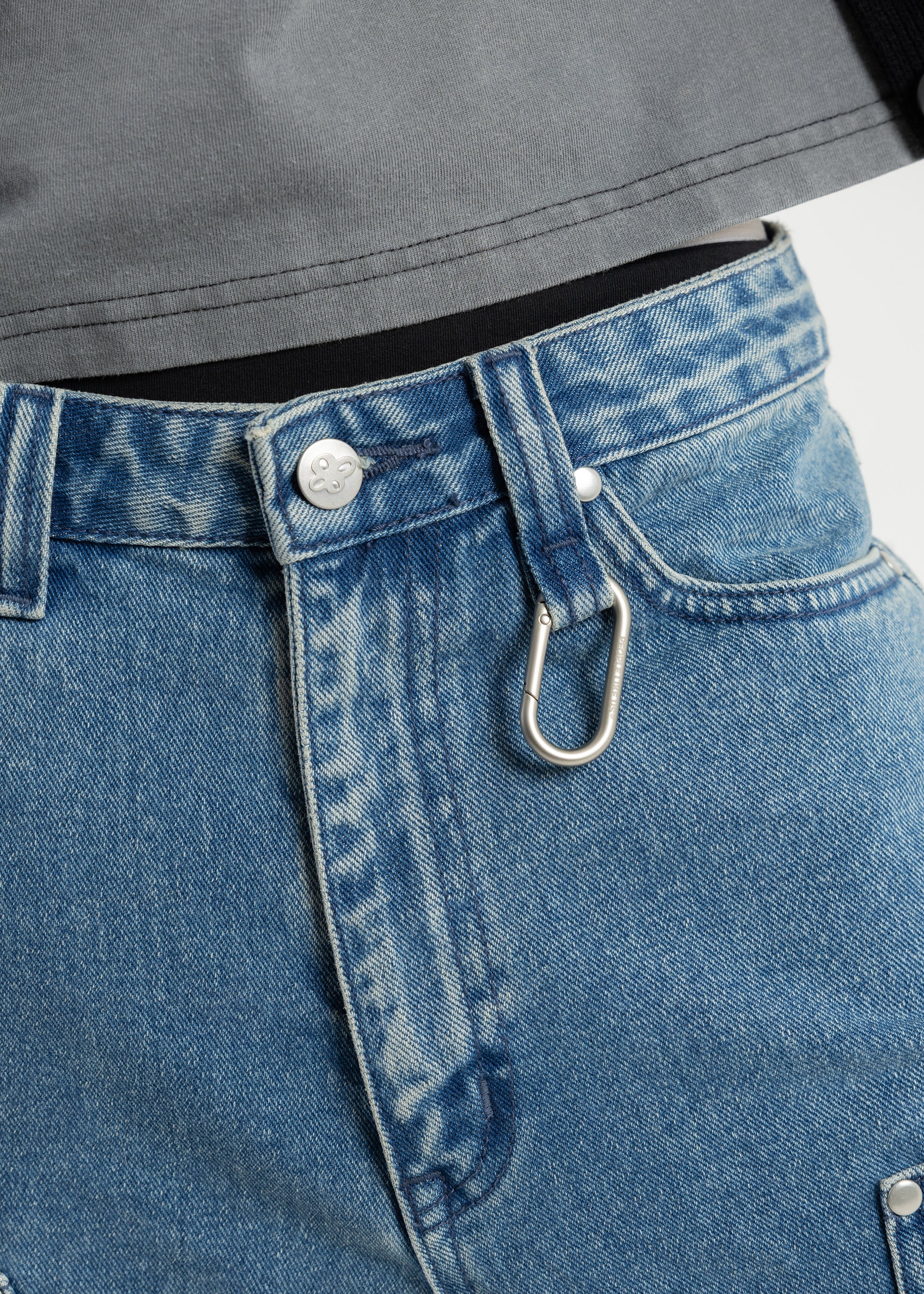 S106: Washed Denim Carabiner Shorts (Light Blue)