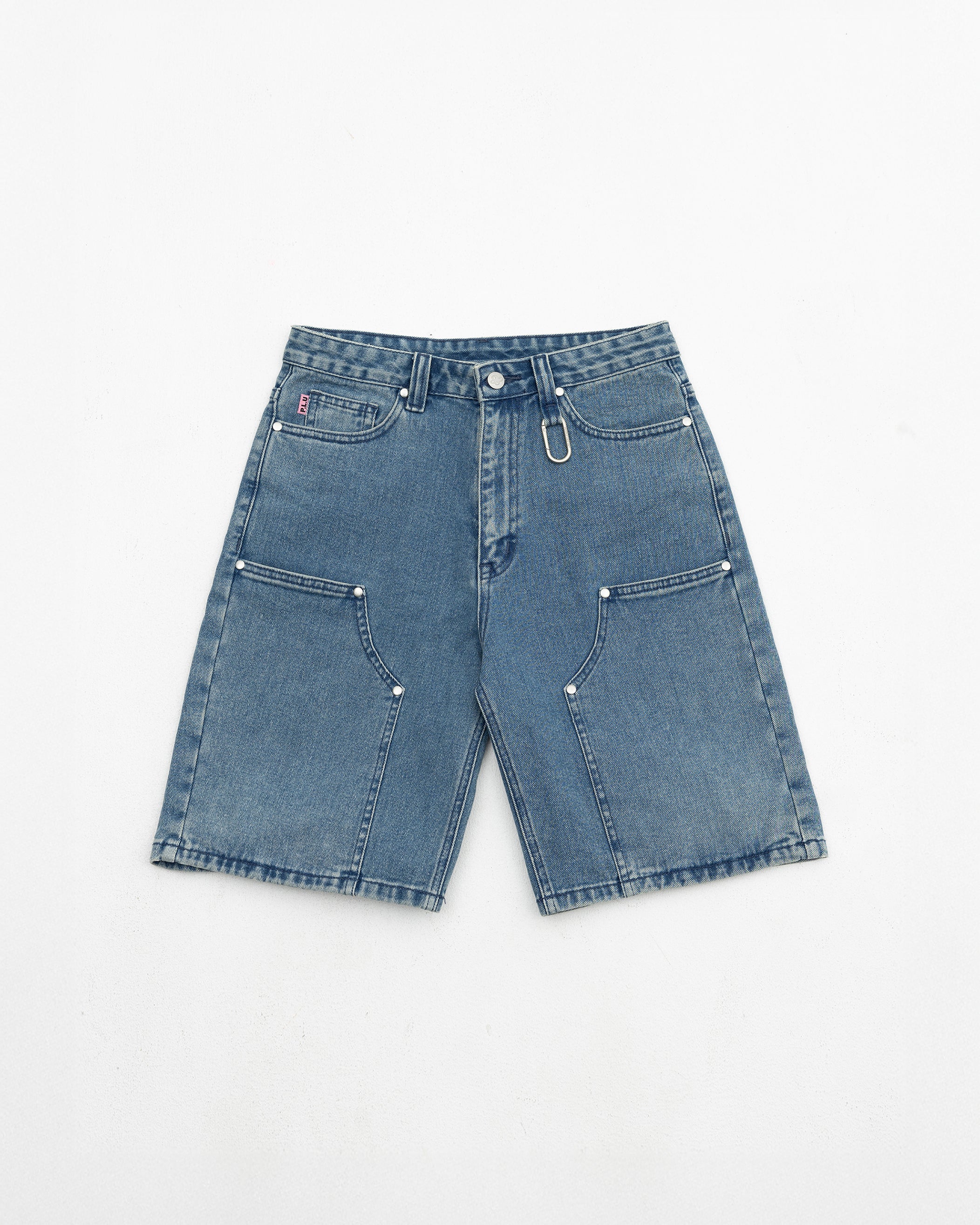 S106: Washed Denim Carabiner Shorts (Light Blue)